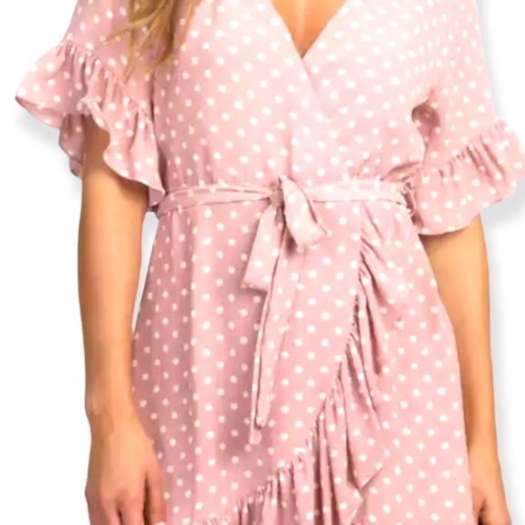 Pink polka dot chiffon dress with adjustable waist tie - Picture 2 of 3